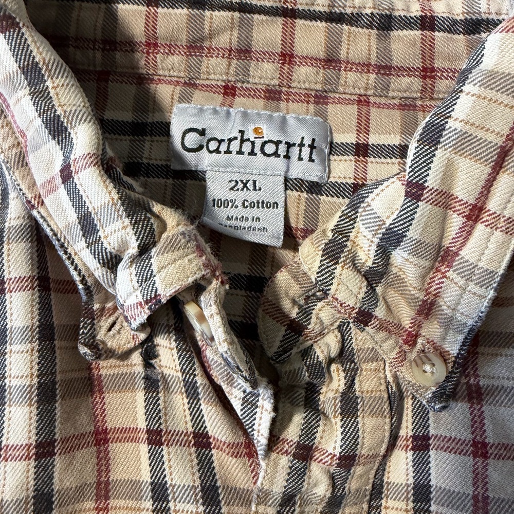 Carhartt tan blue red plaid long sleeve button front flannel shirt size XXL